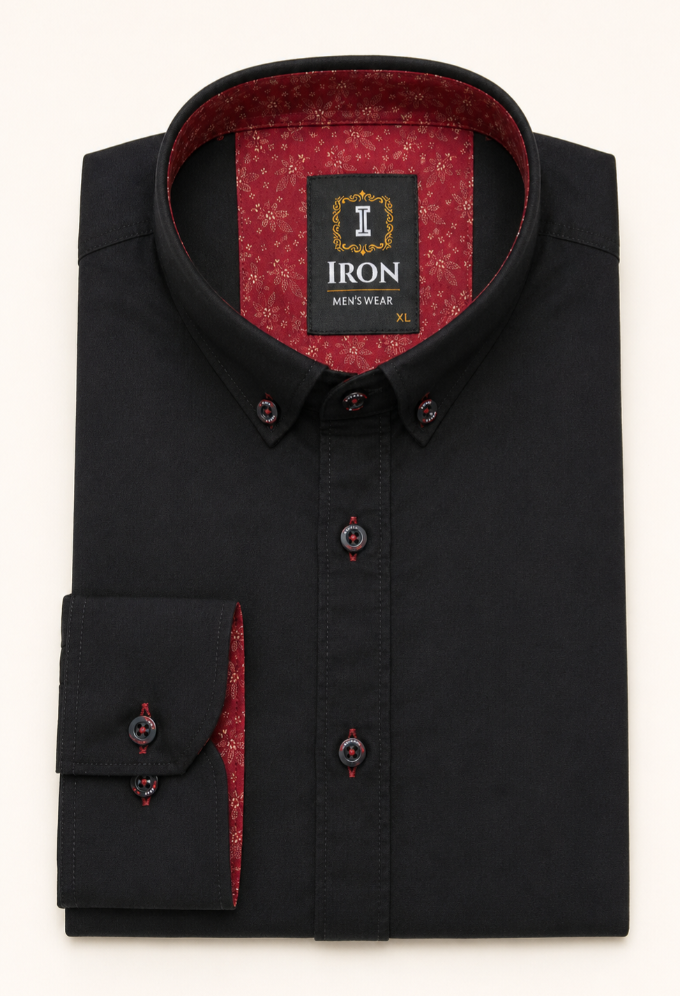 IRON Black Button-Down Shirt with Burgundy Contrast