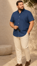 Cavello Amalfi Blue Slab Linen- cotton Short-Sleeve Shirt
