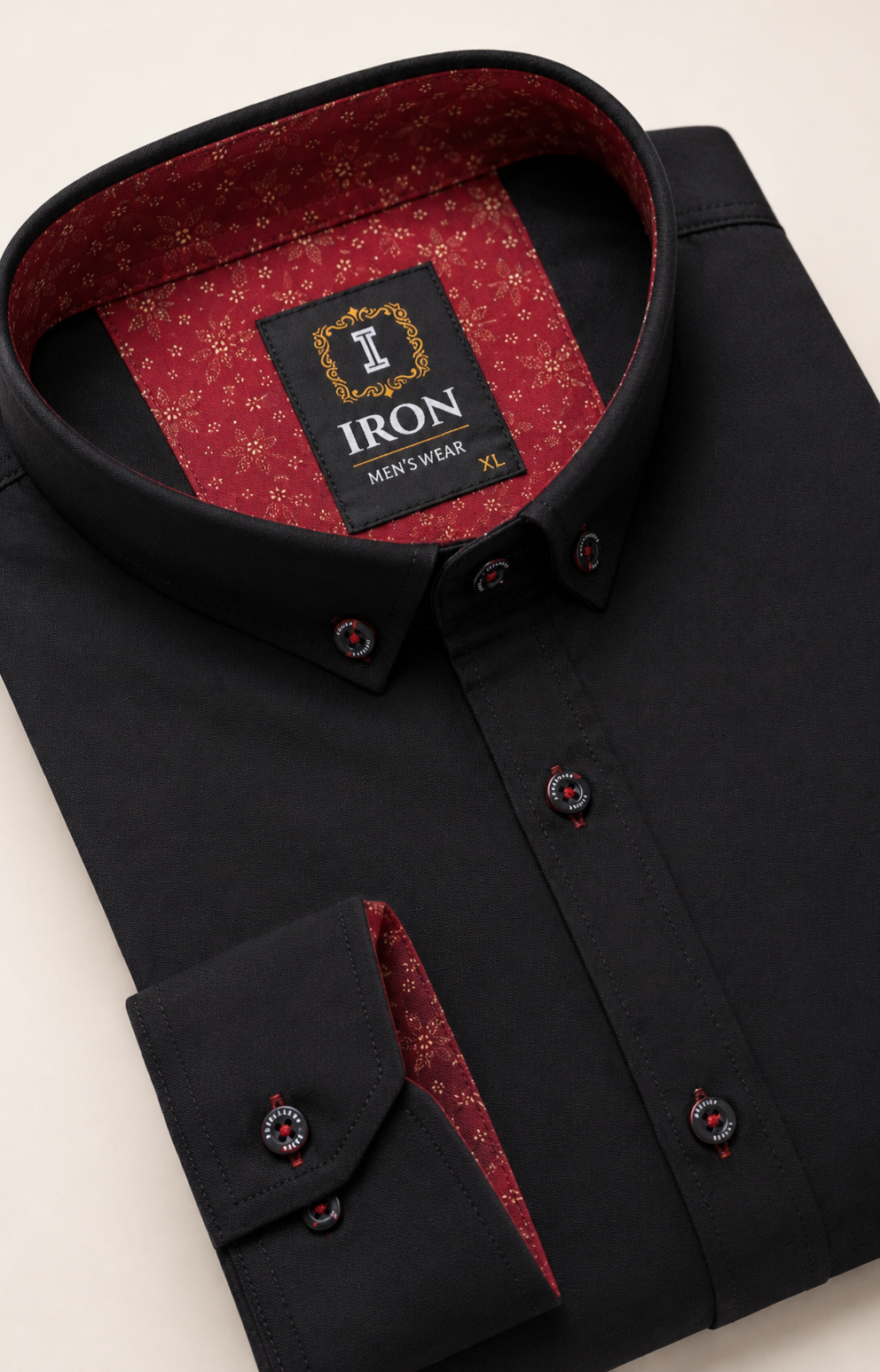 IRON Black Button-Down Shirt with Burgundy Contrast